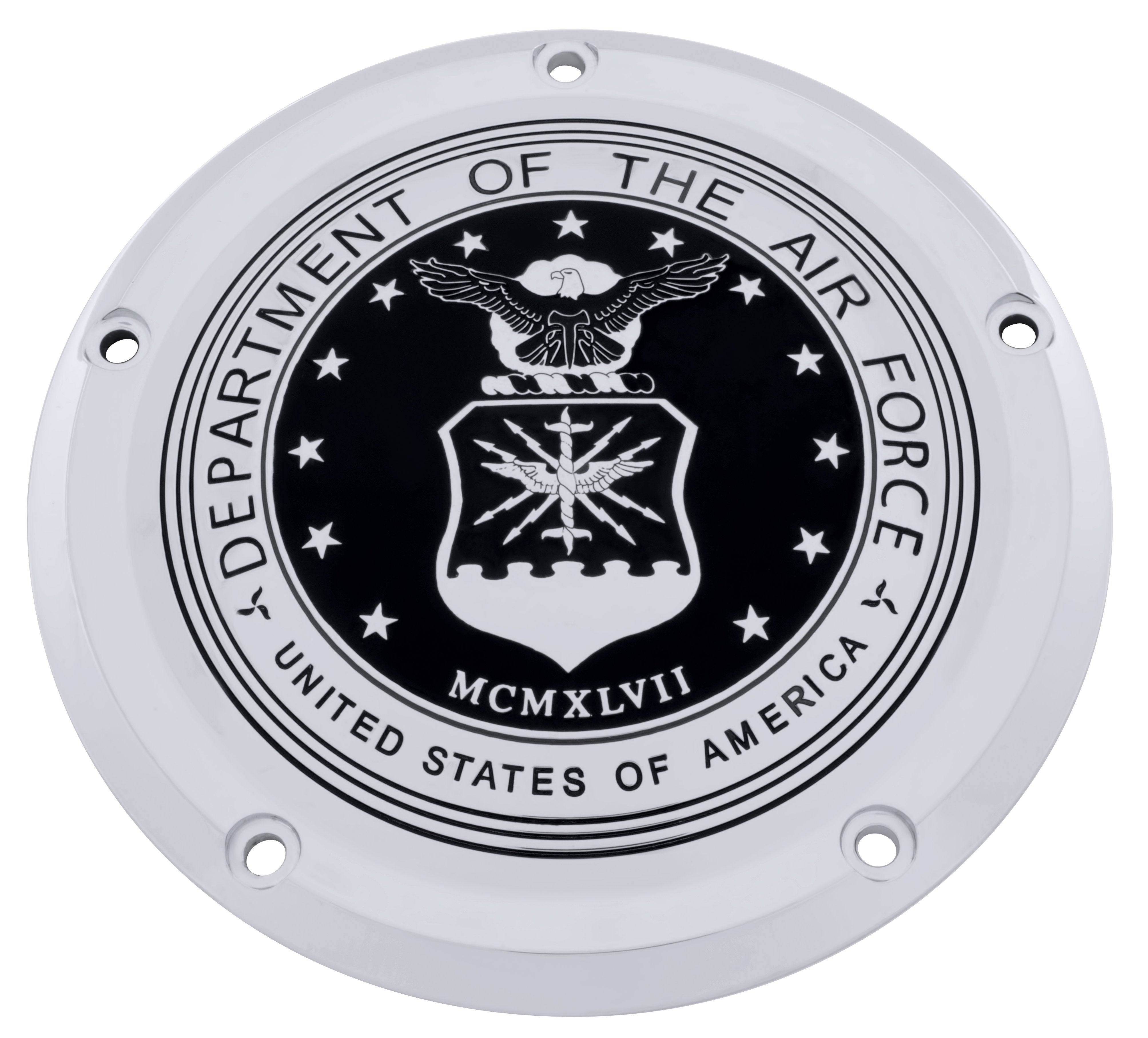 US Air Force Seal, Black & Chrome TC Derby Cover, 7 ¼ inches in diamet ...