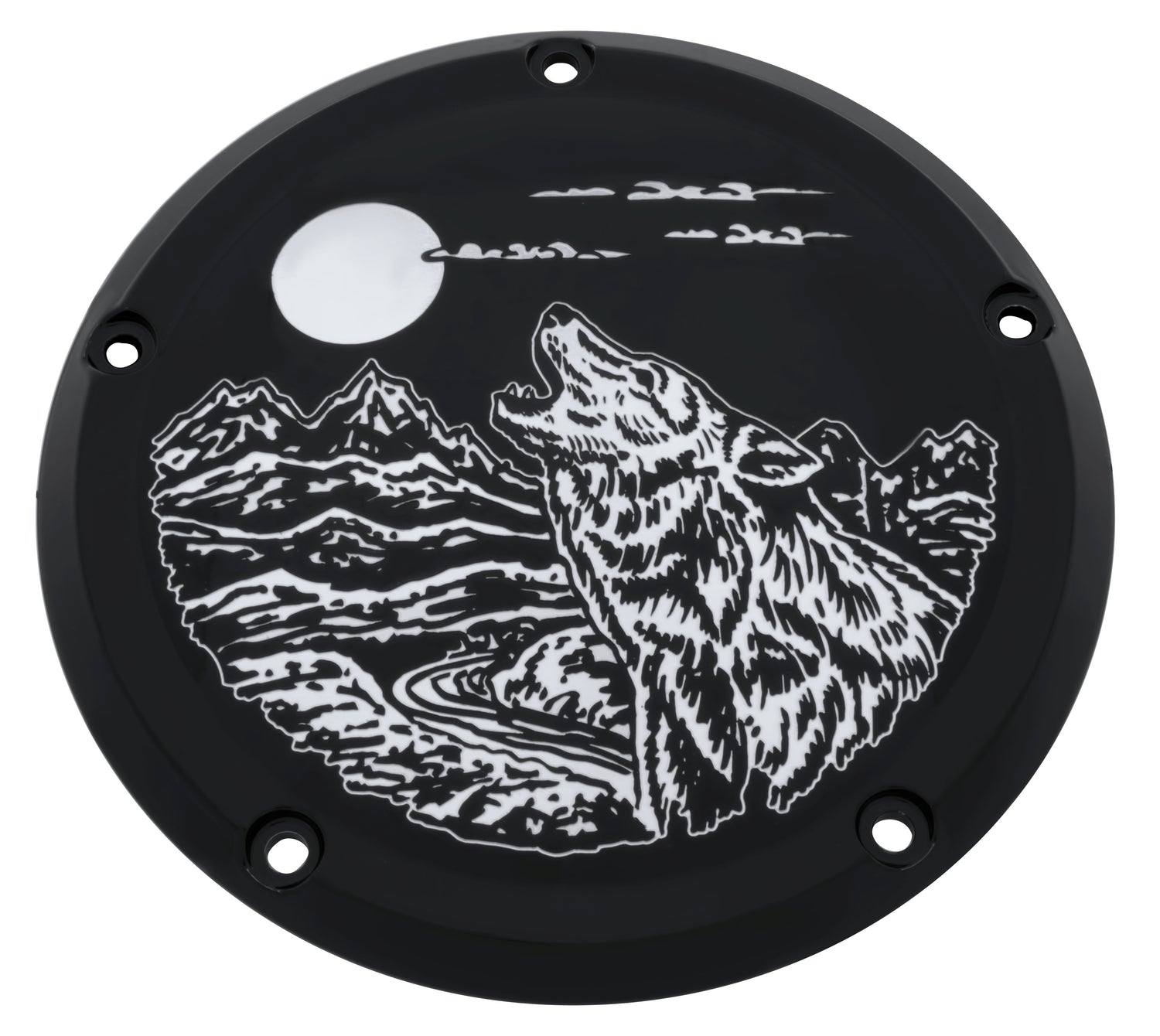 Wolf &amp; Mountain Range    Black Gloss Derby Cover, 7 ¾ inches diameter