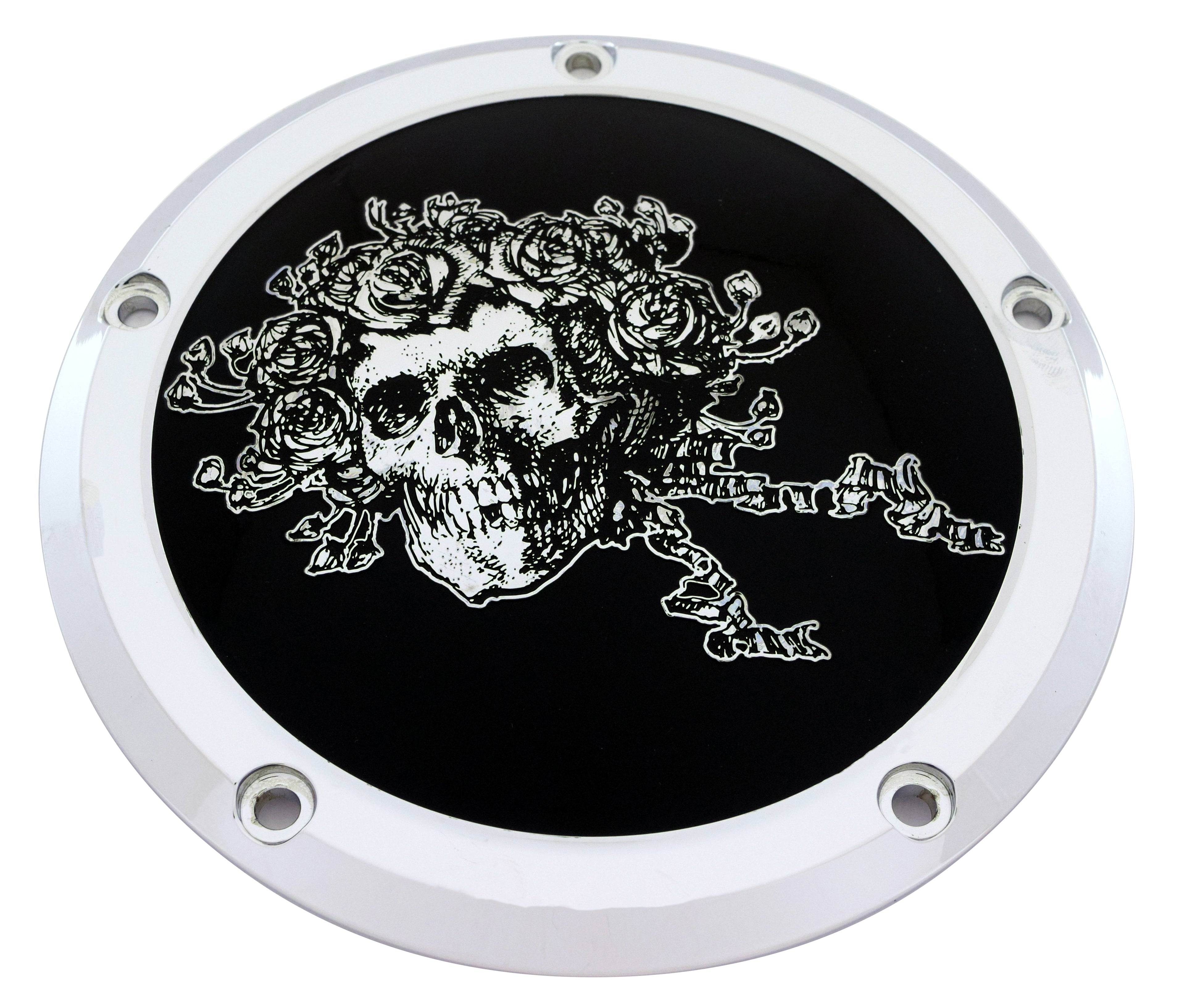 Skull &amp; Roses - Black and Chrome Derby Cover, 7 ¾ inches diameter