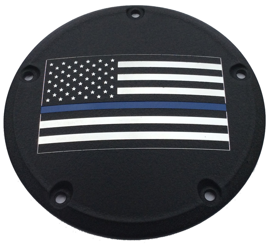 Blue Line Flag Derby Cover,  Black Gloss, 7 ¾ inches in diameter